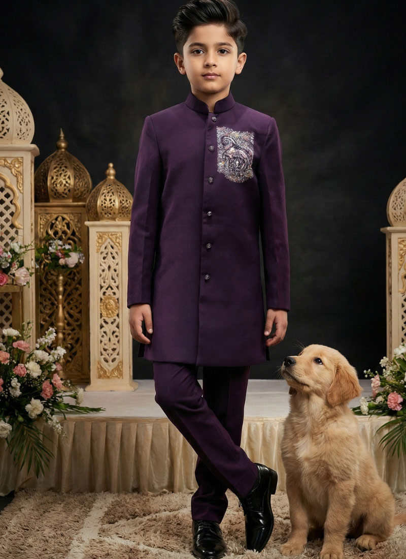 Wine Armani Hand Work Boys Indo Western