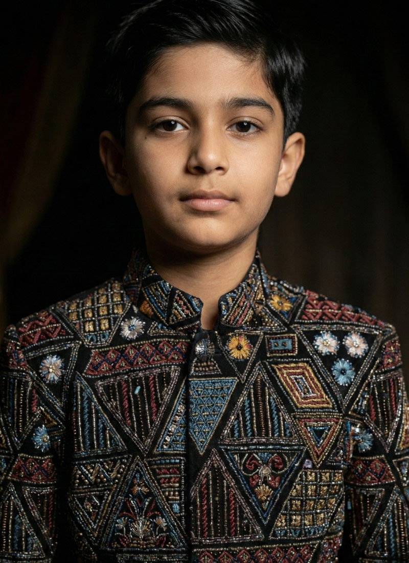 Black Velvet Embroidered Boys Nawabi Indo Western