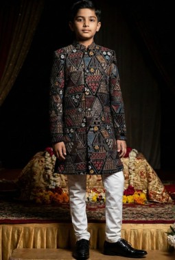 Black Velvet Embroidered Boys Nawabi Indo Western