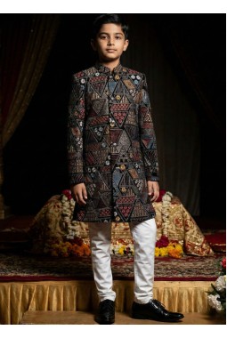 Black Velvet Embroidered Boys Nawabi Indo Western