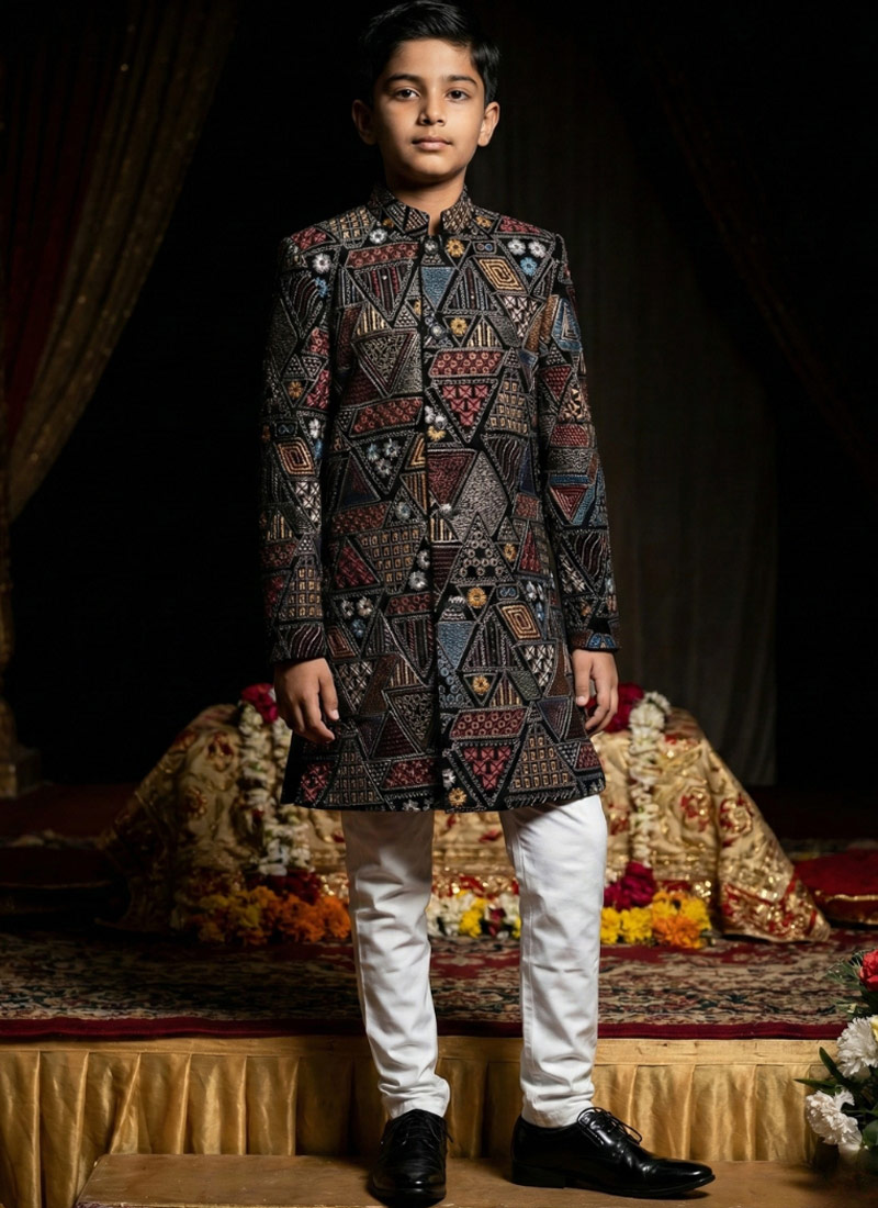 Black Velvet Embroidered Boys Nawabi Indo Western