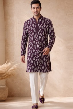 Wine Silk Embroidery Mens Wedding Kurta Pant
