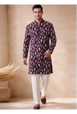 Wine Silk Embroidery Mens Wedding Kurta Pant