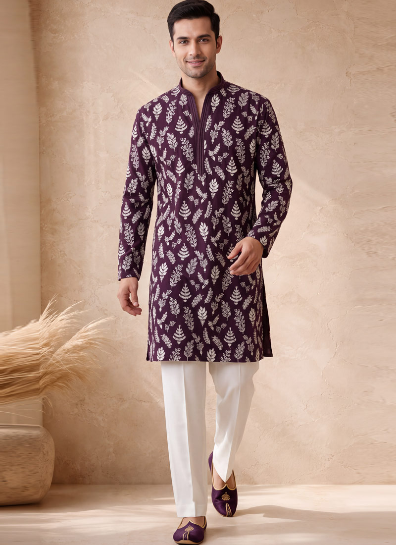 Wine Silk Embroidery Mens Wedding Kurta Pant