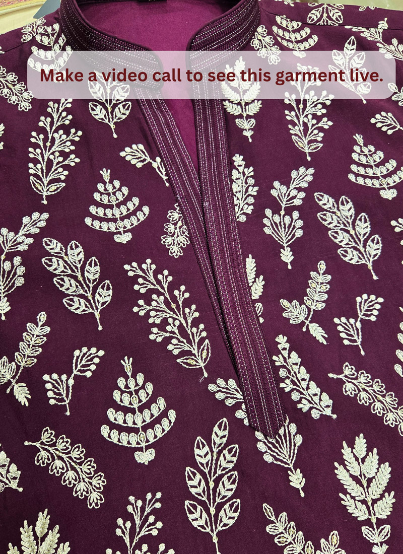 Wine Silk Embroidery Mens Wedding Kurta Pant