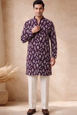 Wine Silk Embroidery Mens Wedding Kurta Pant