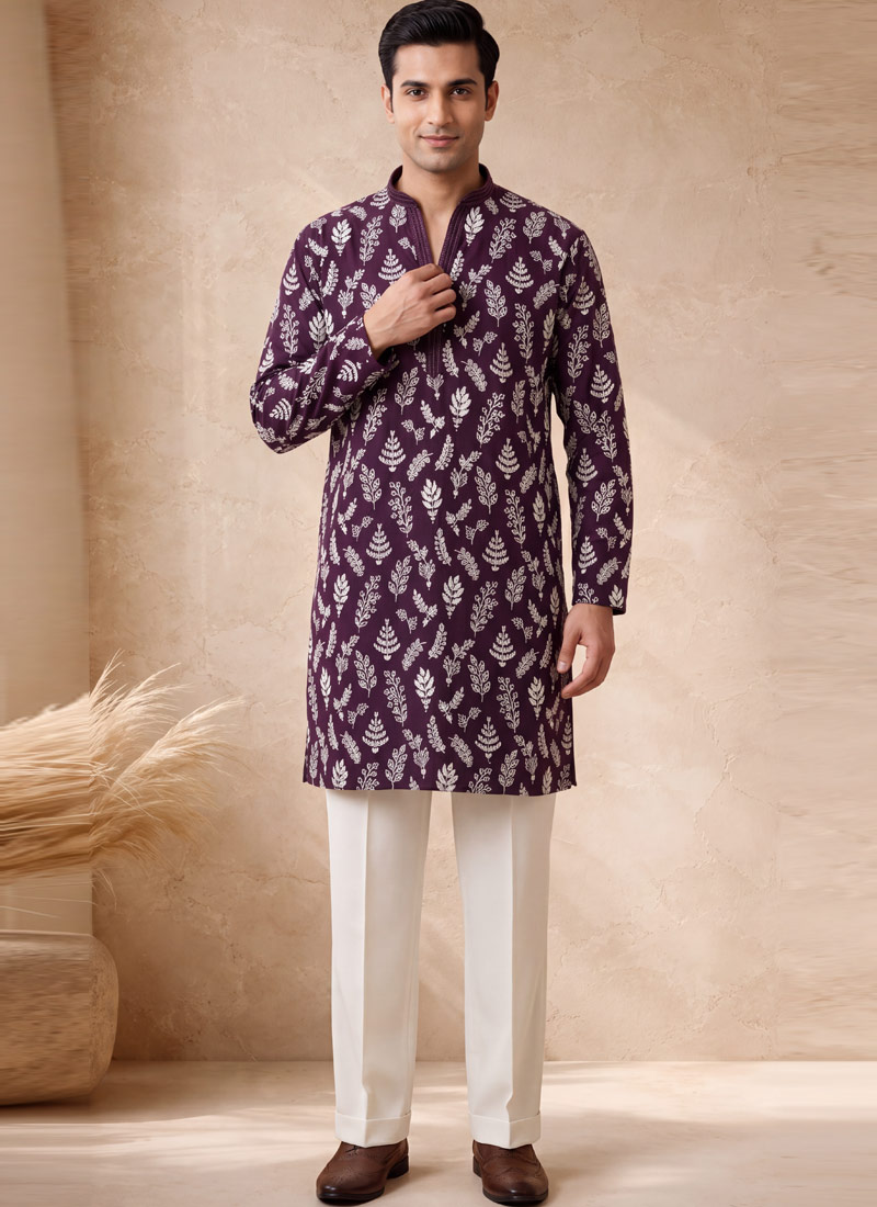 Wine Silk Embroidery Mens Wedding Kurta Pant
