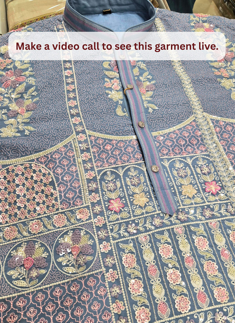 Blue Georgette Embroidery Mens Designer Kurta Pant