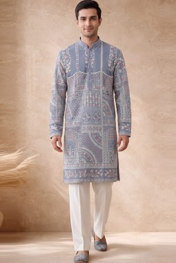 Blue Georgette Embroidery Mens Designer Kurta Pant