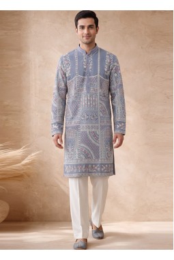Blue Georgette Embroidery Mens Designer Kurta Pant