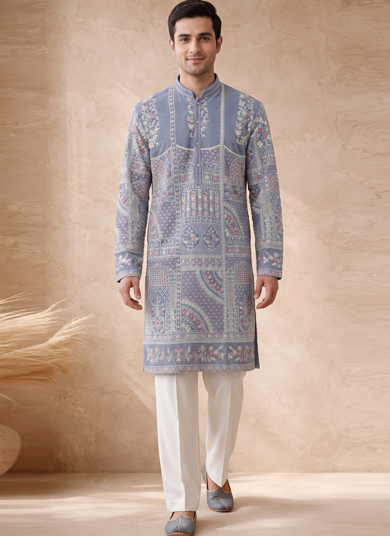 Blue Georgette Embroidery Mens Designer Kurta Pant