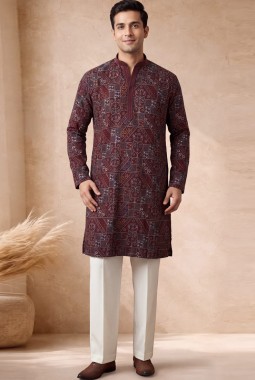 Maroon Georgette Embroidery Designer Wedding Kurta Pant