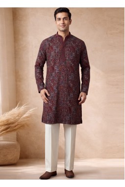 Maroon Georgette Embroidery Designer Wedding Kurta Pant