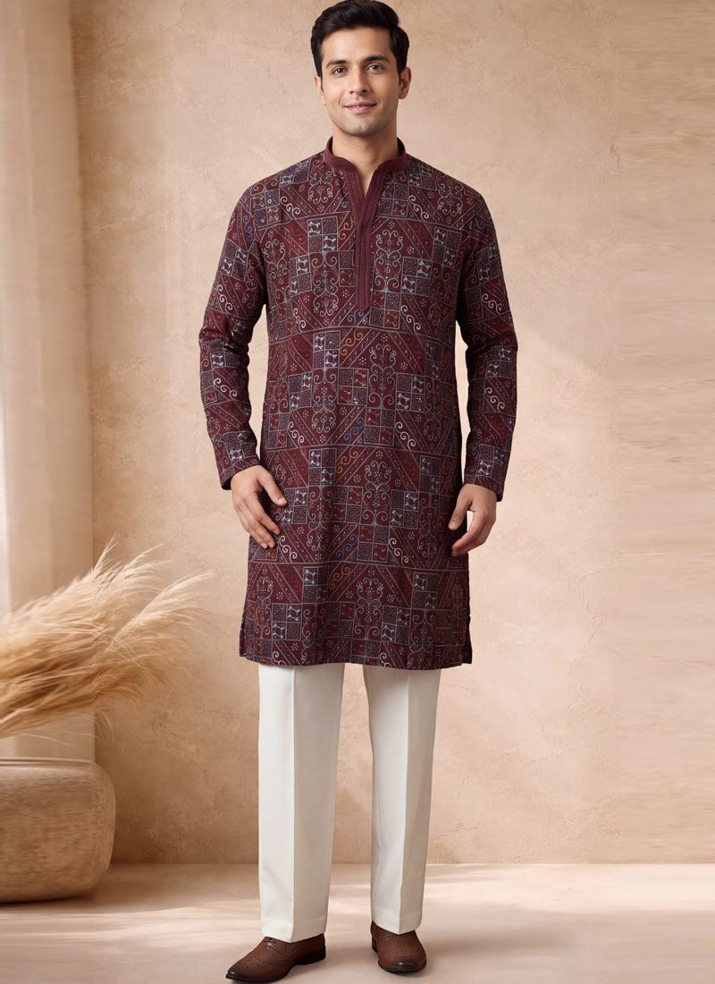 Maroon Georgette Embroidery Designer Wedding Kurta Pant