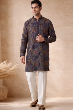 Royal Blue Silk Embroidered Kurta Pant Set