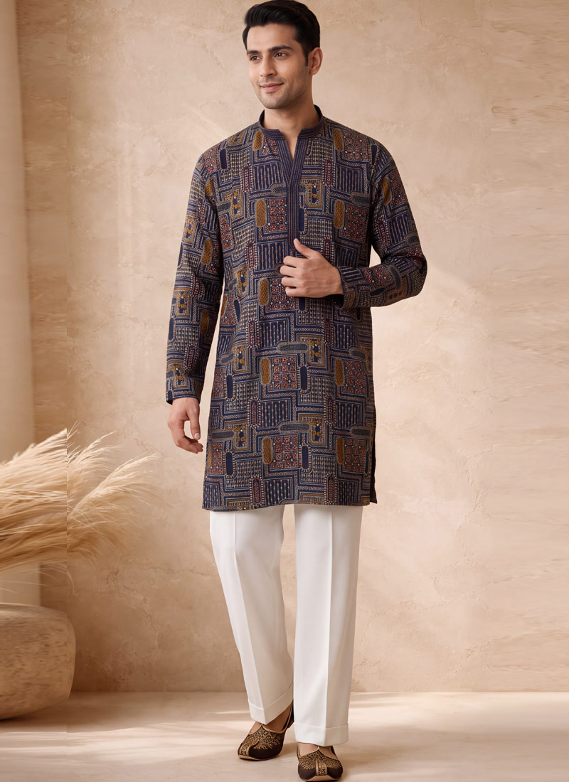 Royal Blue Silk Embroidered Kurta Pant Set
