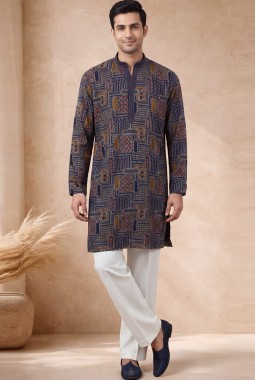 Royal Blue Silk Embroidered Kurta Pant Set