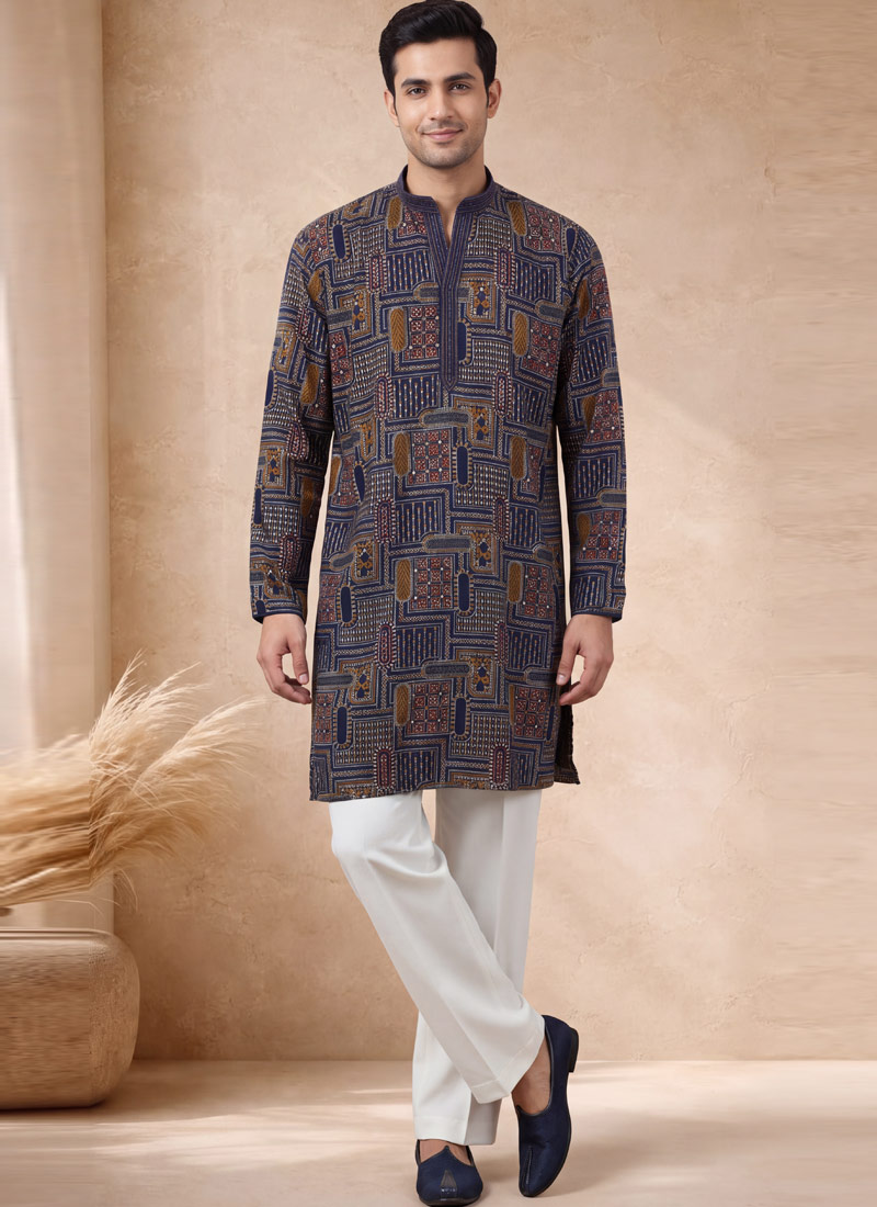 Royal Blue Silk Embroidered Kurta Pant Set