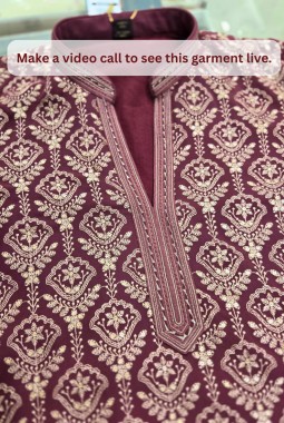 Burgundy Georgette Embroidery Mens Wedding Kurta Pant