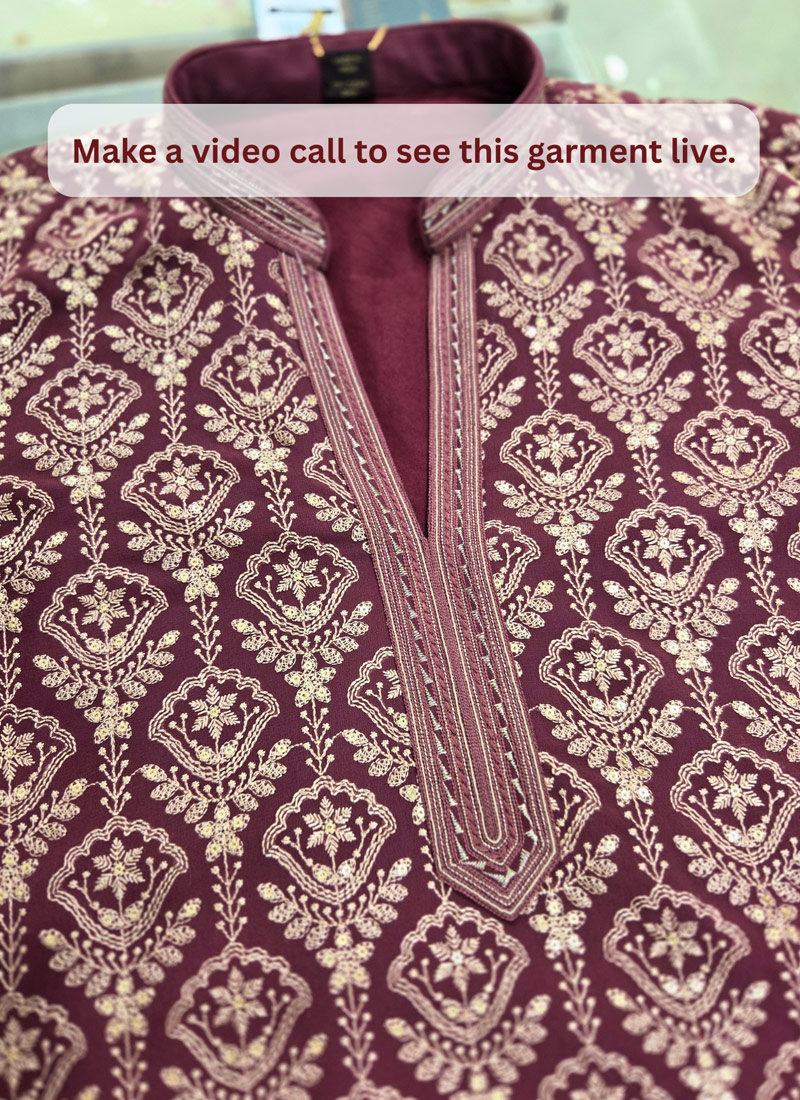 Burgundy Georgette Embroidery Mens Wedding Kurta Pant