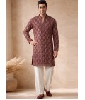 Burgundy Georgette Embroidery Mens Wedding Kurta Pant
