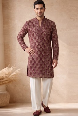 Burgundy Georgette Embroidery Mens Wedding Kurta Pant