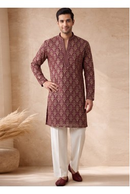 Burgundy Georgette Embroidery Mens Wedding Kurta Pant