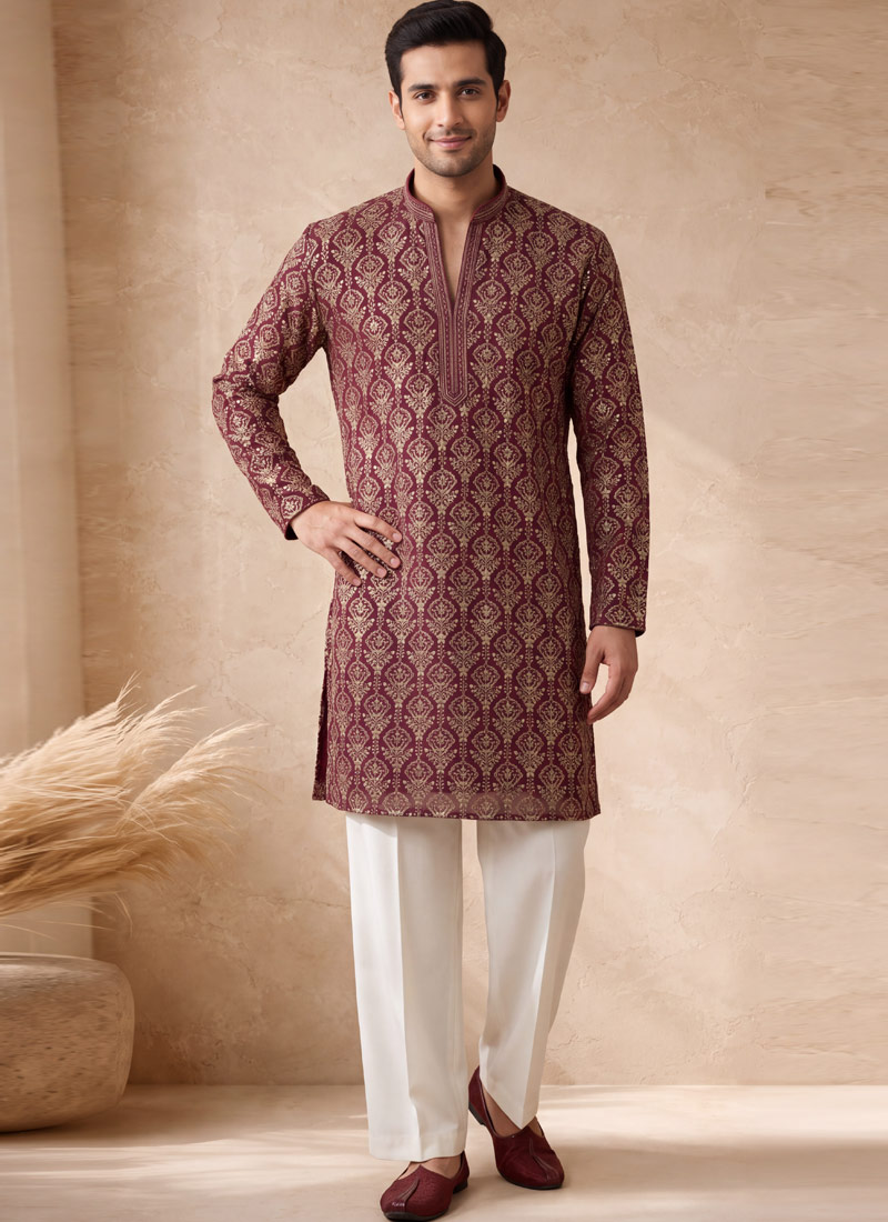 Burgundy Georgette Embroidery Mens Wedding Kurta Pant