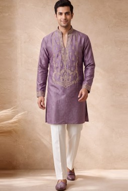 Lilac Velvet Embroidery Mens Wedding Kurta Pant