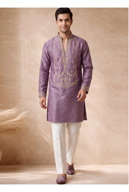 Lilac Velvet Embroidery Mens Wedding Kurta Pant