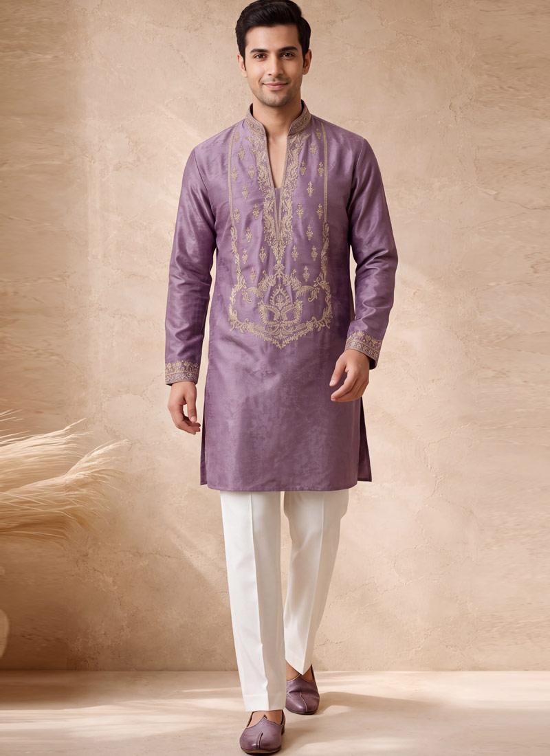 Lilac Velvet Embroidery Mens Wedding Kurta Pant