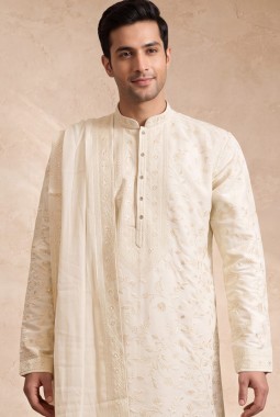 Off White Silk Embroidery Mens Festive Wear Kurta Pant