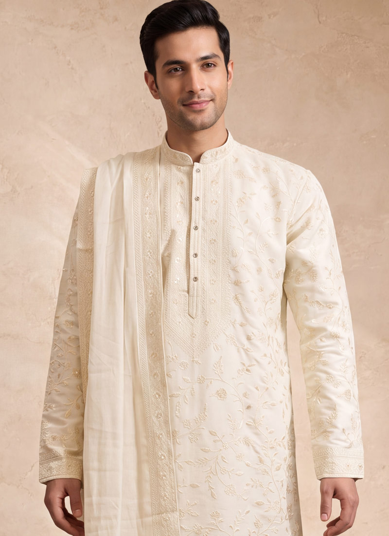 Off White Silk Embroidery Mens Festive Wear Kurta Pant