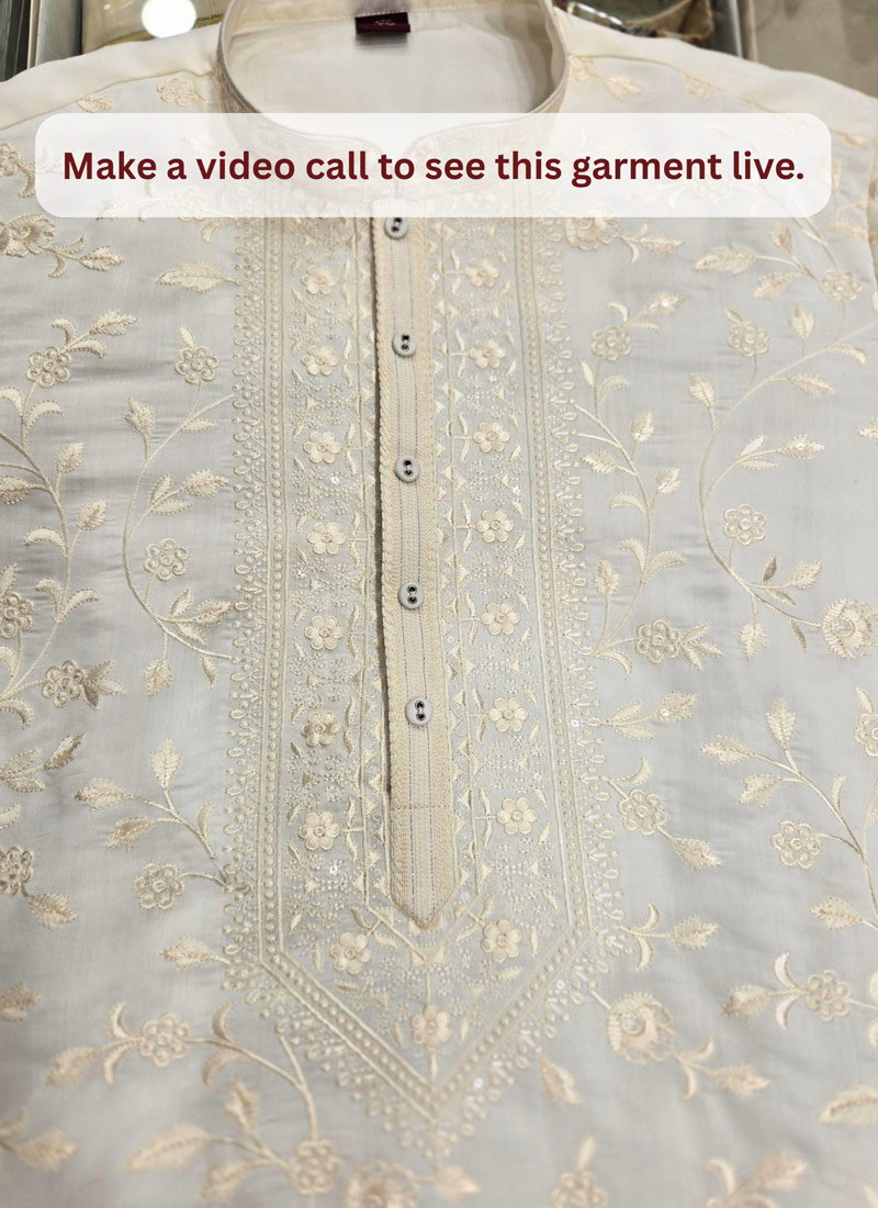 Off White Silk Embroidery Mens Festive Wear Kurta Pant