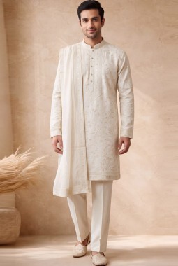 Off White Silk Embroidery Mens Festive Wear Kurta Pant