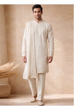 Off White Silk Embroidery Mens Festive Wear Kurta Pant