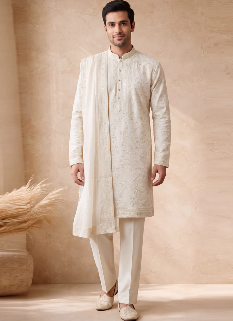 Off White Silk Embroidery Mens Festive Wear Kurta Pant