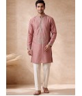 Peach Velvet Embroidery Mens Festive Wear Kurta Pant