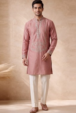 Peach Velvet Embroidery Mens Festive Wear Kurta Pant