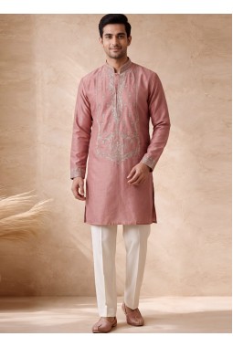 Peach Velvet Embroidery Mens Festive Wear Kurta Pant