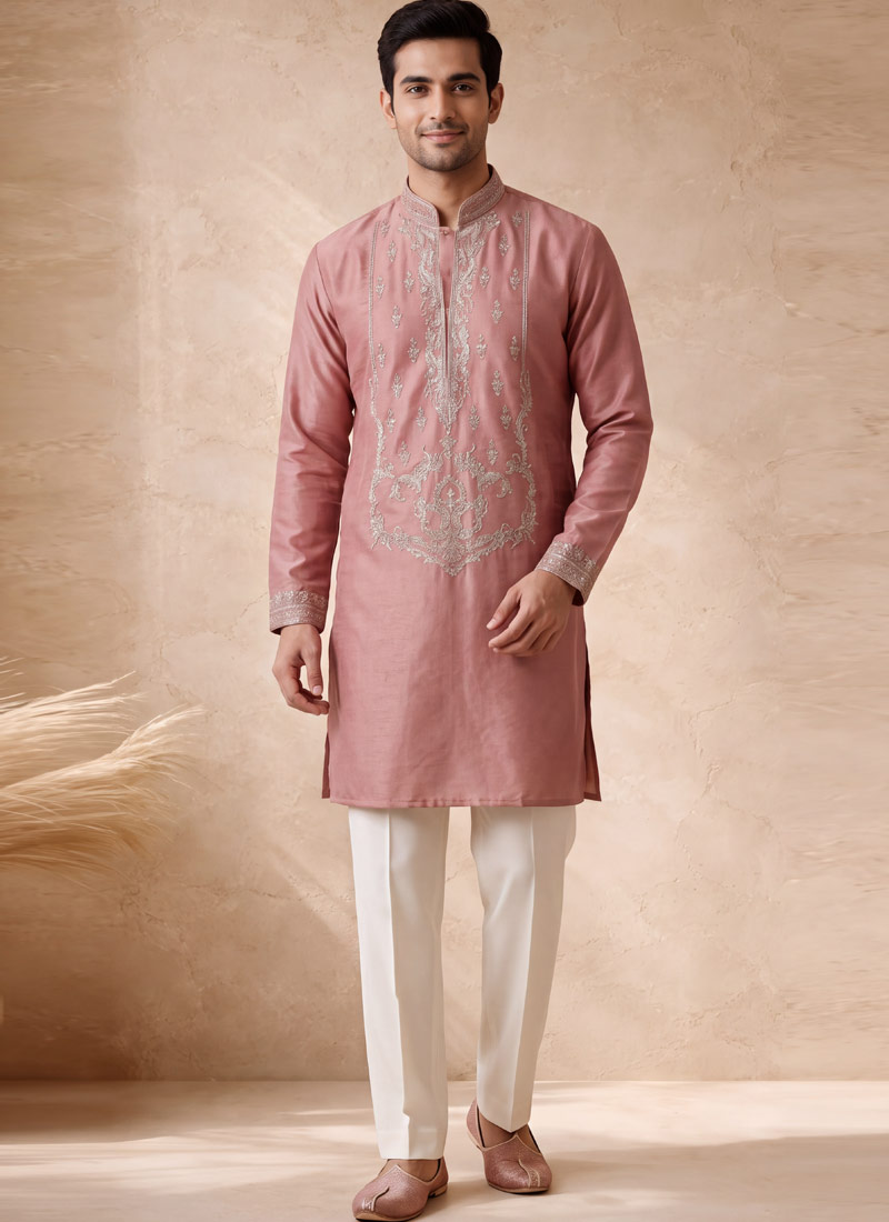 Peach Velvet Embroidery Mens Festive Wear Kurta Pant