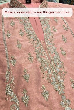 Peach Velvet Embroidery Mens Festive Wear Kurta Pant