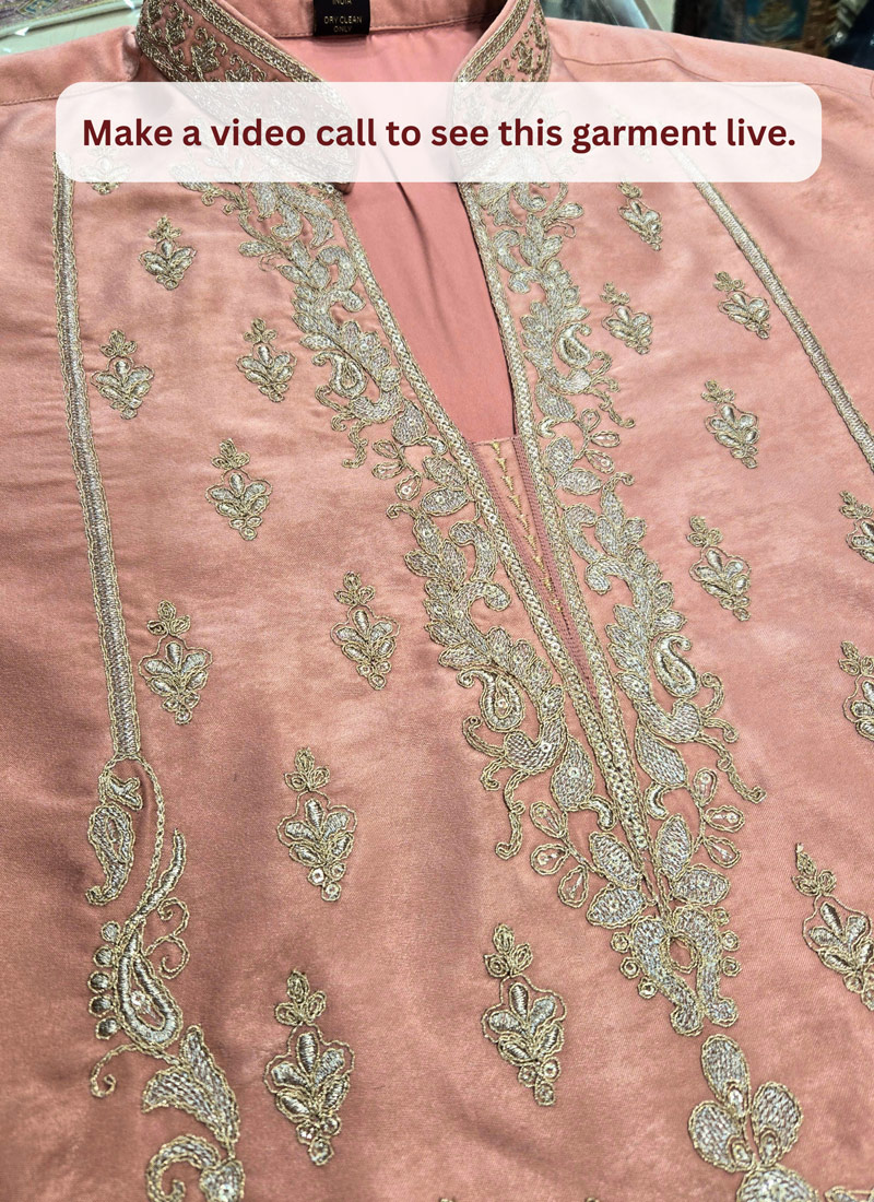 Peach Velvet Embroidery Mens Festive Wear Kurta Pant