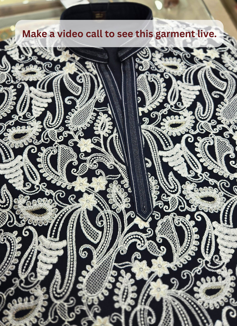 Blue Japanese Embroidery Mens Designer Kurta Pant 