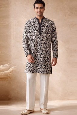 Blue Japanese Embroidery Mens Designer Kurta Pant 