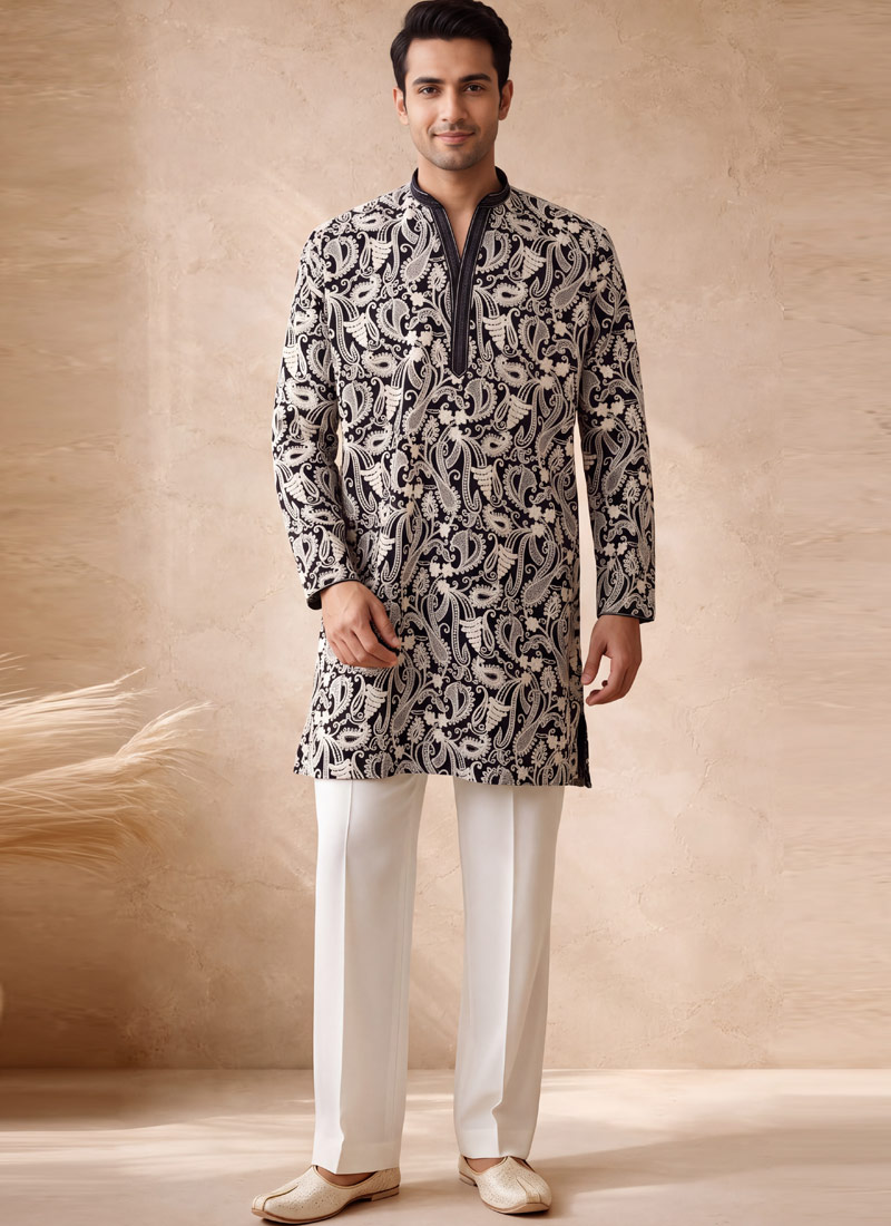 Blue Japanese Embroidery Mens Designer Kurta Pant 