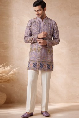 Lavender Silk Embroidery Mens Festive Wear Kurta Pant