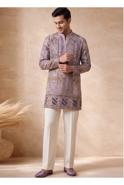 Lavender Silk Embroidery Mens Festive Wear Kurta Pant
