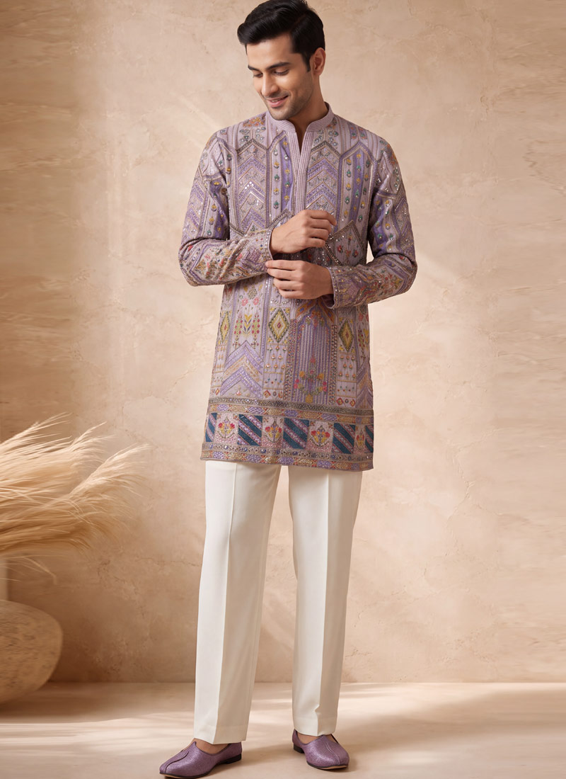 Lavender Silk Embroidery Mens Festive Wear Kurta Pant