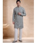 Slate Green Georgette Embroidery Mens Wedding Kurta Pant Set